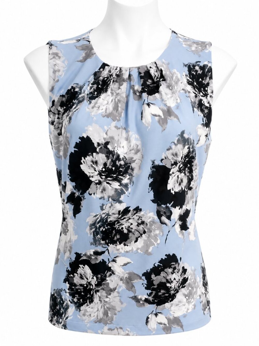 SMALL Womens Blue Black White Floral Sleeveless Pleated-Neck Blouse Calvin Klein